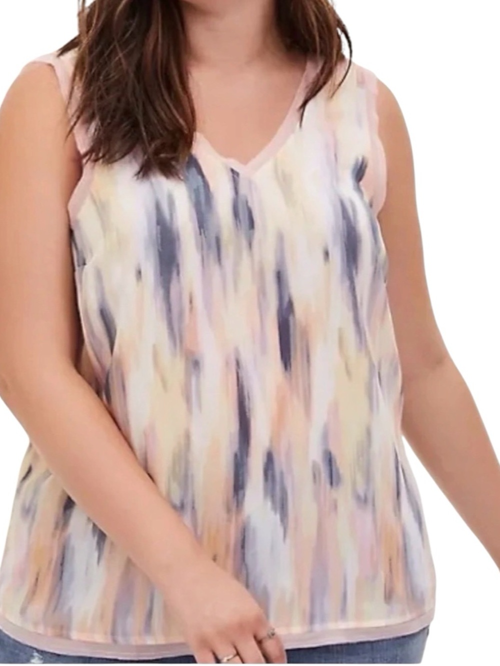 Torrid Multicolor Abstract Brushstroke V-Neck Frayed Trim Tank Top